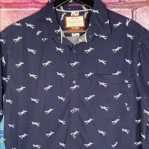 Boys Denim & Flower Button Up Navy Blue Shark Print Shirt Size XL