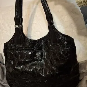 Brighton Black Croc Embossed Patent Leather Hobo Shoulder Bag