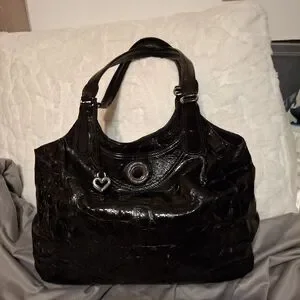 Brighton Black Croc Embossed patent leather hobo shoulder bag