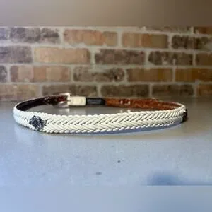 Brighton Woven Leather Cream Colored Belt With Ornate Floral Silver Buckle White