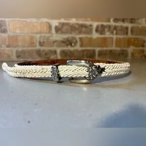 Brighton Woven Leather Cream Colored Belt With Ornate floral Silver Buckle white