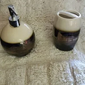 BROWN & cream ceramic soap dispenser and toothbrus