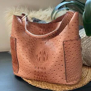 Brown Vegan Leather Crocodile Pattern Top Gold Hardware Handle Satchel Hobo Bag