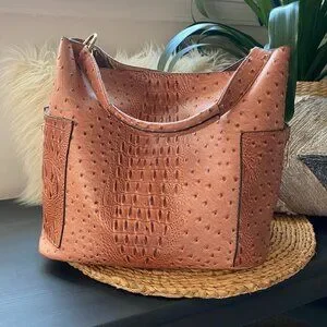 Brown Vegan Leather Crocodile Pattern Top Gold Hardware Handle Satchel Hobo Bag