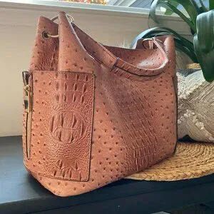 Brown Vegan Leather Crocodile Pattern Top Gold Hardware Handle Satchel Hobo Bag