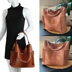 Brown Vegan Leather Crocodile Pattern Top Gold Hardware Handle Satchel Hobo Bag
