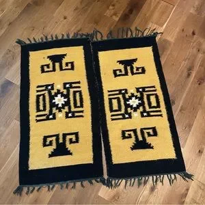 Bundle Of Wool Rugs Vintage Mustard Yellow Black Boho Western Runner Woven