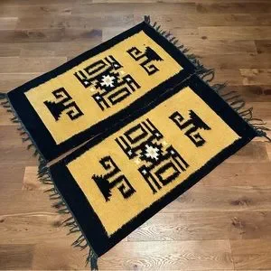 Bundle Of Wool Rugs Vintage Mustard Yellow Black Boho Western Runner Woven
