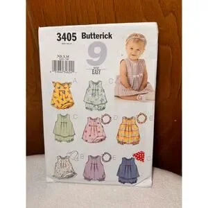 Butterick 3405 Pattern Infants' Dress Top Romper Hat Headband Sizes: NB S-M