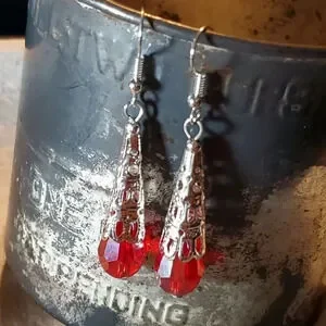 Caged Filigree Faceted Red Crystal Silver Teardrop Earrings Handcrafted