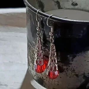 Caged Filigree Faceted Red Crystal Silver Teardrop Earrings Handcrafted