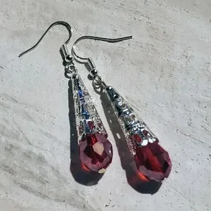 Caged Filigree Faceted Red Crystal Silver Teardrop Earrings Handcrafted