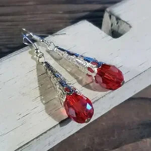 Caged Filigree Faceted Red Crystal Silver Teardrop Earrings Handcrafted