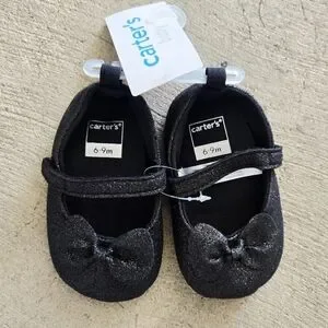 CARTER'S Infant Glittery Black Buckled Mary Janes With Bow 6-9 Months NWT