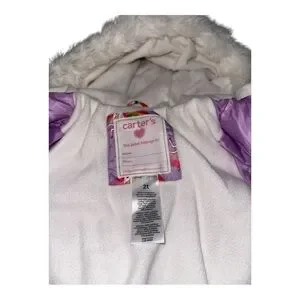Carters Toddler 2T Purple Unicorn & Rainbows Fur Lined Hooded Puffer Jacket