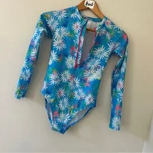 Cat & Jack Girls Sz L Long Sleeve Rash Guard One Piece Swimsuit Blue With Daisy