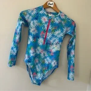 Cat & Jack girls sz L long sleeve rash guard one piece swimsuit blue with daisy