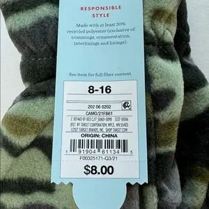 Cat & Jack Kids Green Camo Fleece Glove Mittens Size 8-16 NWT