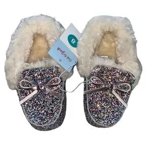 Cat & Jack Moccasin Slippers Size 8‎ Multicolored Glitter Fuzzy