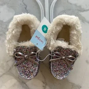 Cat & Jack Moccasin Slippers Size 8‎ Multicolored Glitter Fuzzy