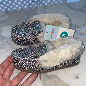 Cat & Jack Moccasin Slippers Size 8‎ Multicolored Glitter Fuzzy