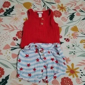 Cat & Jack Patriotic Red White Blue Shirt Pants Outfit Baby Size 0-3 Months