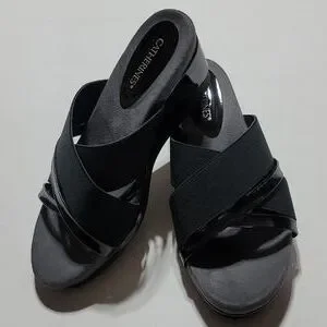 CATHERINES MULES PATENT LEATHER PLATFORM SANDALS BLACK WEDGES OPEN TOE SHOE 10W
