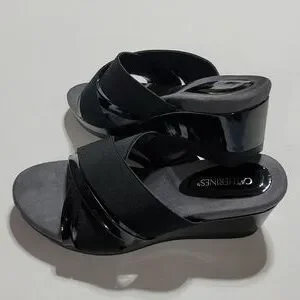 CATHERINES MULES PATENT LEATHER PLATFORM SANDALS BLACK WEDGES OPEN TOE SHOE 10W