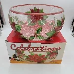 Celebration Pointsettia Mouthblown Hand Painted Cracked Glass 9" Salad Bowl