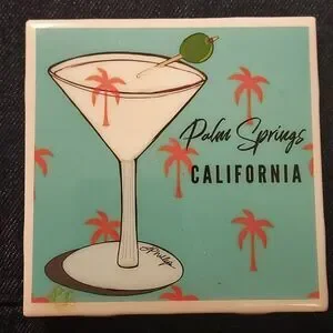 Ceramic Coasters Martini Palm Springs Set Of 2 Turquoise White Drink Coasters