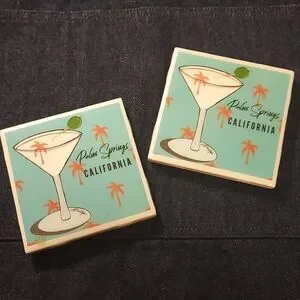 Ceramic Coasters martini Palm Springs set of 2 turquoise white drink coasters