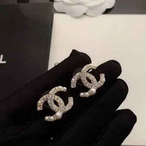 CHANEL Faux Pearl & Strass Gold CC Stud Earrings