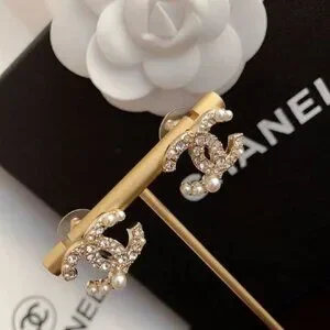 CHANEL Faux Pearl & Strass Gold CC Stud Earrings