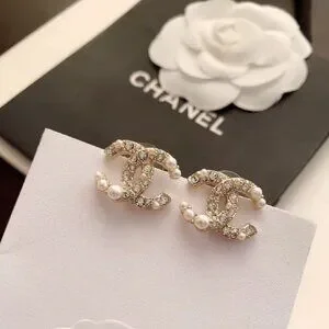 CHANEL Faux Pearl & Strass Gold CC Stud Earrings