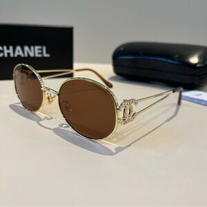 Chanel Gold Aviator Sunglasses with Signature Detailing
