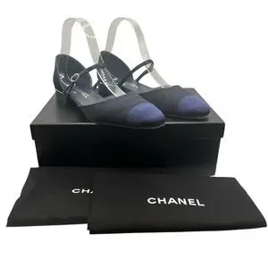 CHANEL Satin Mary Jane Flats CC Logo Navy Blue Size 38.5EU / 8.5US