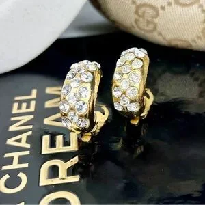 Chanel Vintage Crystal & Gold Plated Half Moon Clip-On Earrings