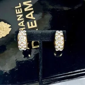Chanel Vintage Crystal & Gold Plated Half Moon Clip-On Earrings