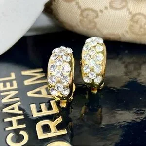 Chanel Vintage Crystal & Gold Plated Half Moon Clip-On Earrings