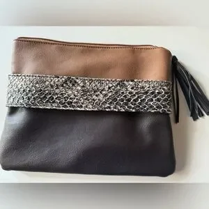 Chic Black And Tan Clutch With Snakeskin Accent