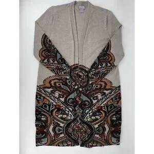 Chicos Womens Open Front Long Sweater Cardigan Medium (Size 1) Boho Earth Tones