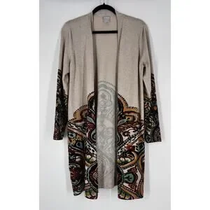 Chicos Womens Open Front Long Sweater Cardigan Medium (Size 1) Boho Earth Tones