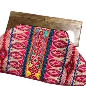 Chloe & Lex Women's Neon Pink Beaded Boho Clutch With Wood Top