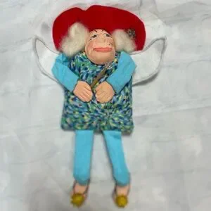 Christmas Angel Red Hat Flip Flip Hanging Lady Ornament Clay Face Hands Feet