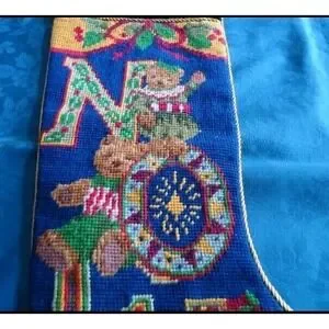 Christmas Stocking Needlepnt. NOEL Bears Navy Blue Velvet Gold Trim X Stitch EUC
