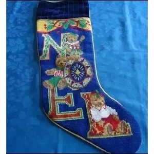 Christmas Stocking Needlepnt. NOEL Bears Navy Blue Velvet Gold Trim X Stitch EUC