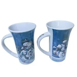 Christmas Winter Time Pair Of Latte Mugs Coffee Tea Cups Blue Sayings On Handles