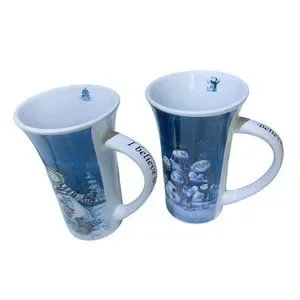 Christmas Winter Time Pair of Latte Mugs Coffee Tea Cups Blue sayings on handles