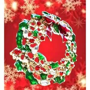 Christmas Wreath Pin Brooch New Red Green Crystal Bow Festive Holidays Nostalgic