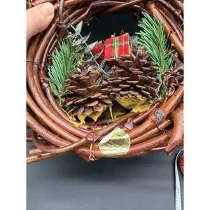 Christmas Wreath With Pinecones Red Apples Berries Tartan Bow And Faux Greens